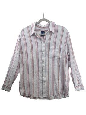 Gap Women Button Shirt Sz M White/Pink Stripe Linen Blend Classic Beachy Coastal